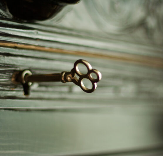 A vintage key protruding from a keyhole in an ornate, textured wooden surface, with a soft focus that adds a touch of mystery and antiquity.
