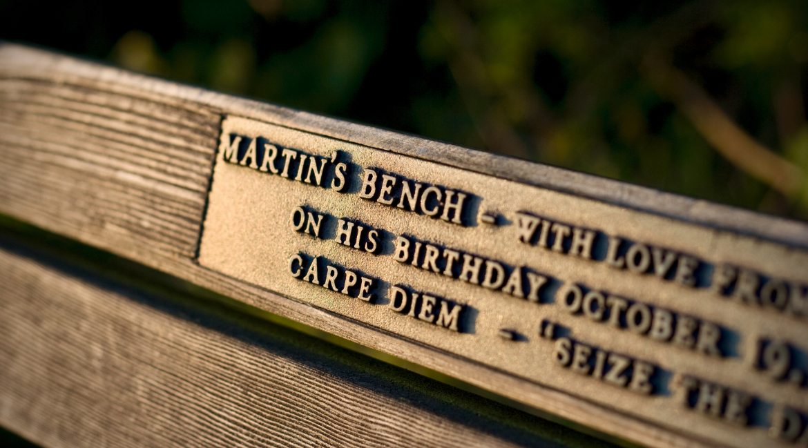 Close-up of a commemorative plaque on a bench in Stanley Park, reading 'Martin’s Bench – With Love on his Birthday October 19, Carpe Diem', with the sunlight softly highlighting the text.